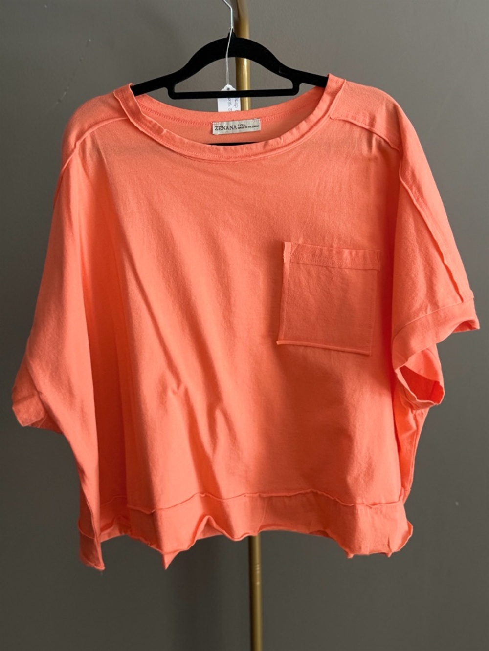Zenana L/XL Cotton Raw Hem Coral Orange Oversized Boho Lightweight Crop Boxy Top